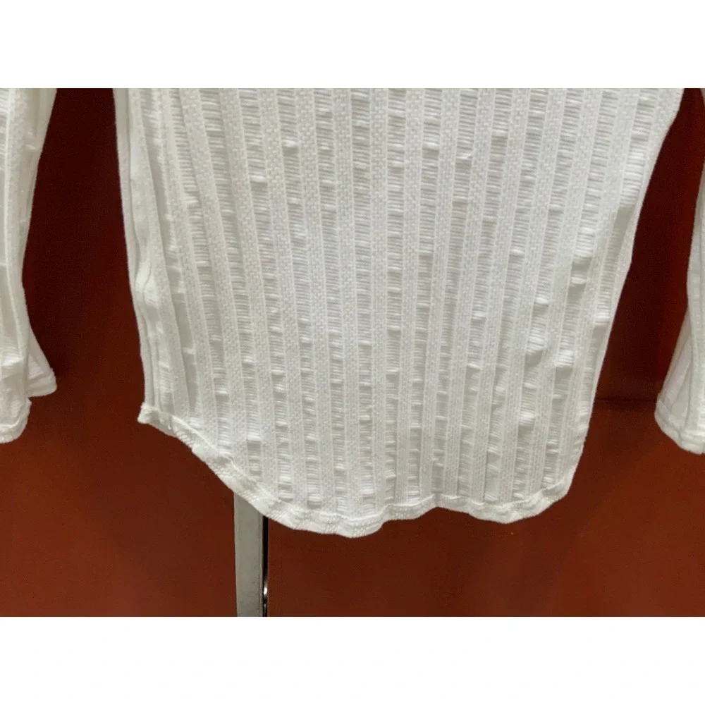 Free People White Ribbed Lace Up Long Sleeve Top Shirt Metal Eyelets M